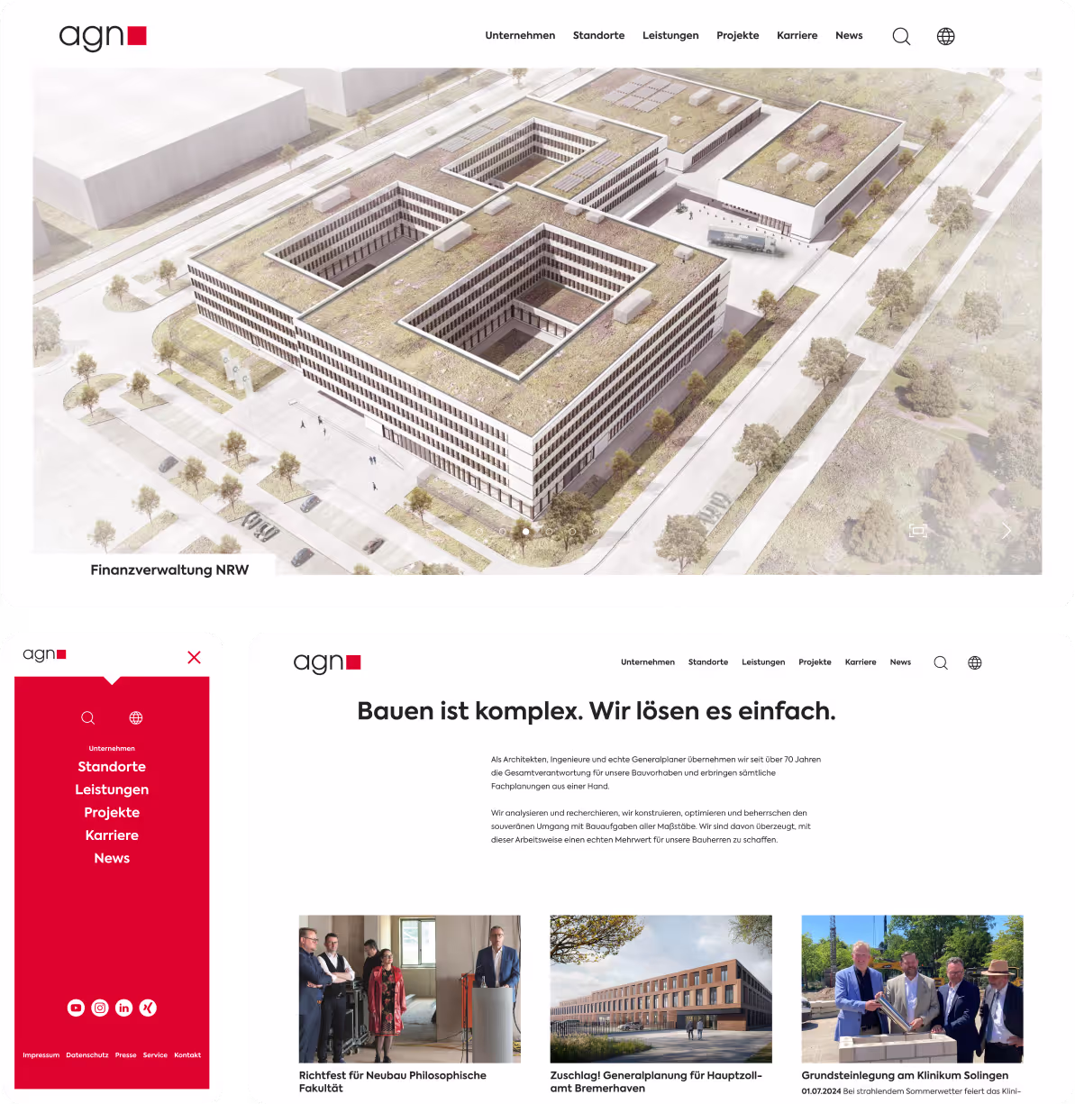 Collage der Webseite von agn Niederberghaus & Partner GmbH in verschiedenen Bildschirmansichten, einschließlich Desktop und Mobilversion.