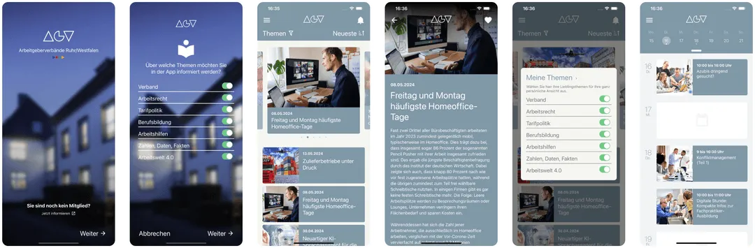 Collage der Webseite von Mein AGV App in verschiedenen Bildschirmansichten, einschließlich Desktop und Mobilversion.