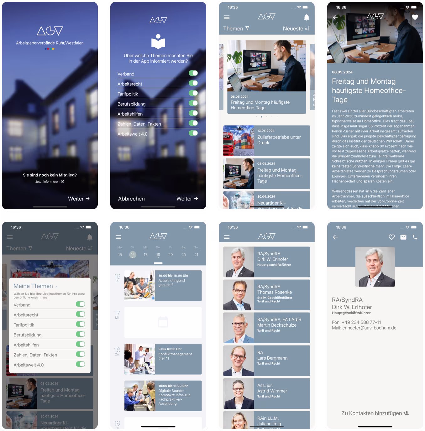 Collage der Webseite von Mein AGV App in verschiedenen Bildschirmansichten, einschließlich Desktop und Mobilversion.