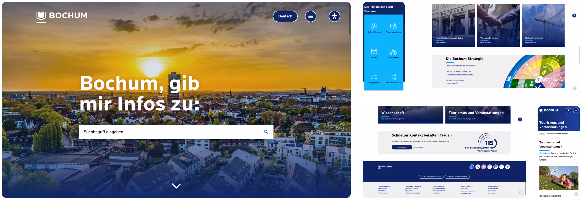 Collage der Webseite der Stadt Bochum in verschiedenen Bildschirmansichten, einschließlich Desktop und Mobilversion.
