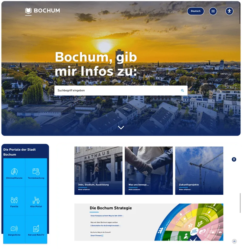 Collage der Webseite der Stadt Bochum in verschiedenen Bildschirmansichten, einschließlich Desktop und Mobilversion.