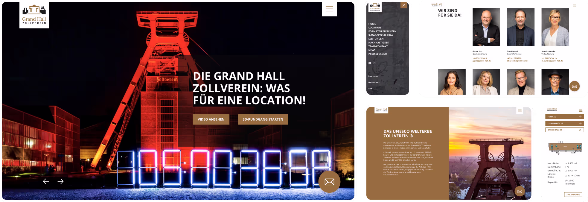 Collage der Webseite von Grand Hall Zollverein in verschiedenen Bildschirmansichten, einschließlich Desktop und Mobilversion.