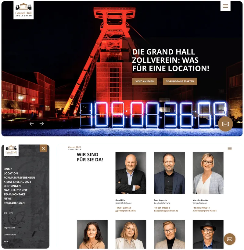 Collage der Webseite von Grand Hall Zollverein in verschiedenen Bildschirmansichten, einschließlich Desktop und Mobilversion.