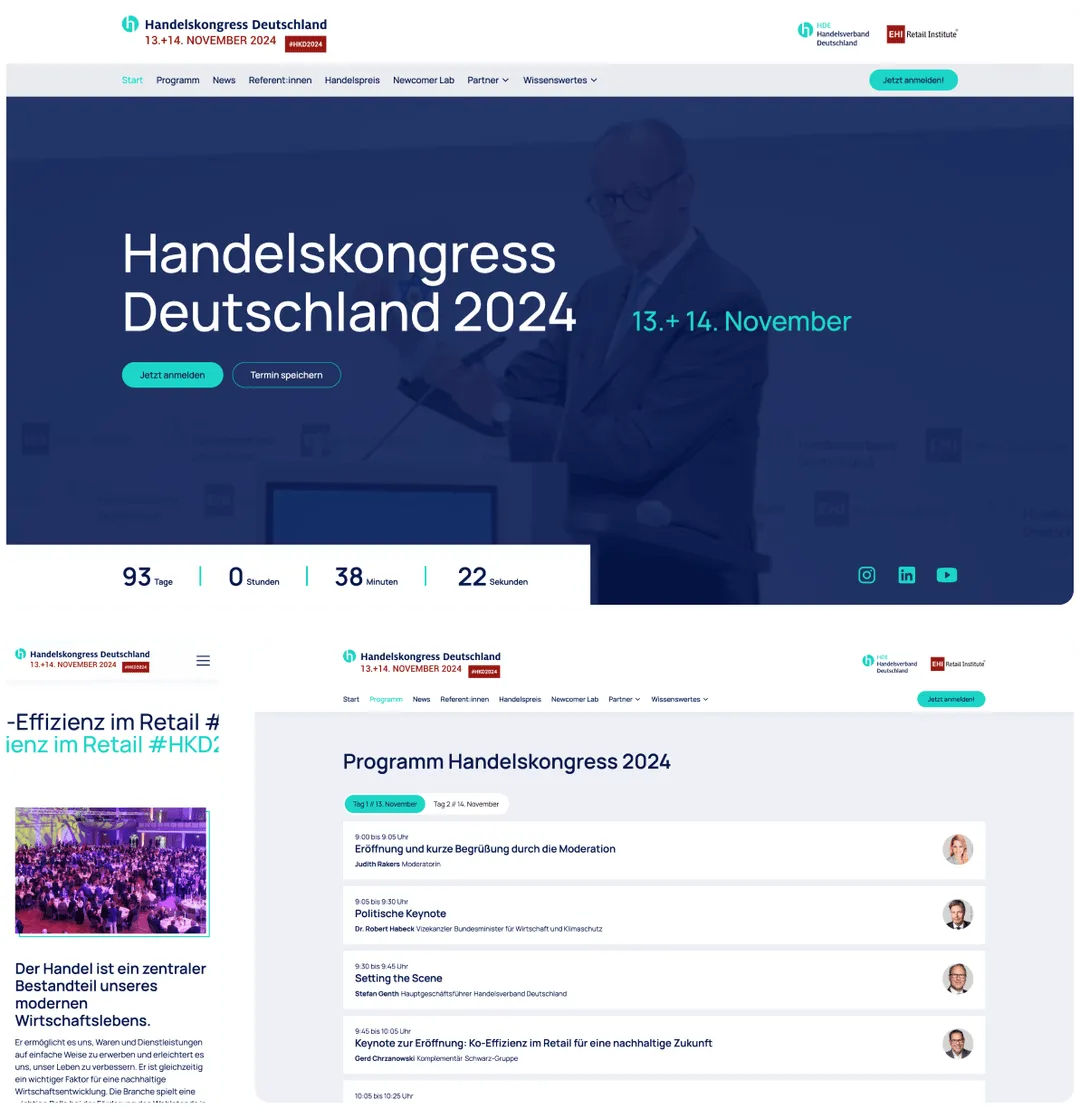 Collage der Webseite des Handelskongress Deutschland in verschiedenen Bildschirmansichten, einschließlich Desktop und Mobilversion.