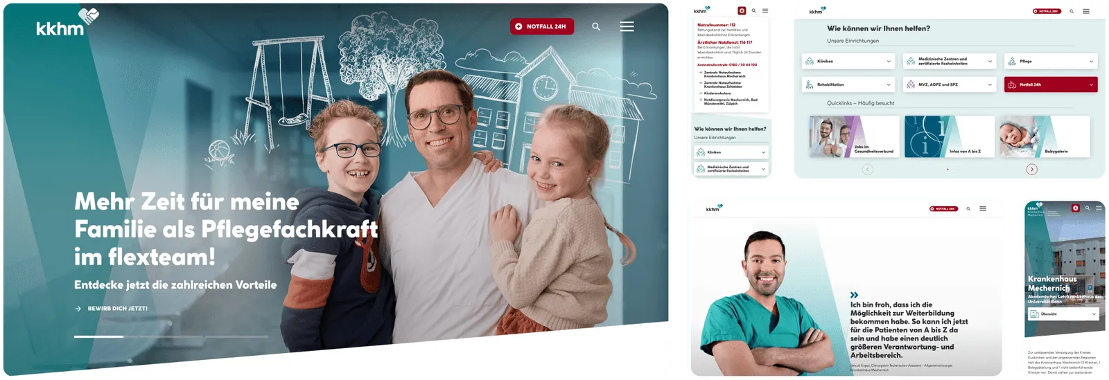 Collage der Webseite des Gesundheitsverbunds Mechernich in verschiedenen Bildschirmansichten, einschließlich Desktop und Mobilversion.