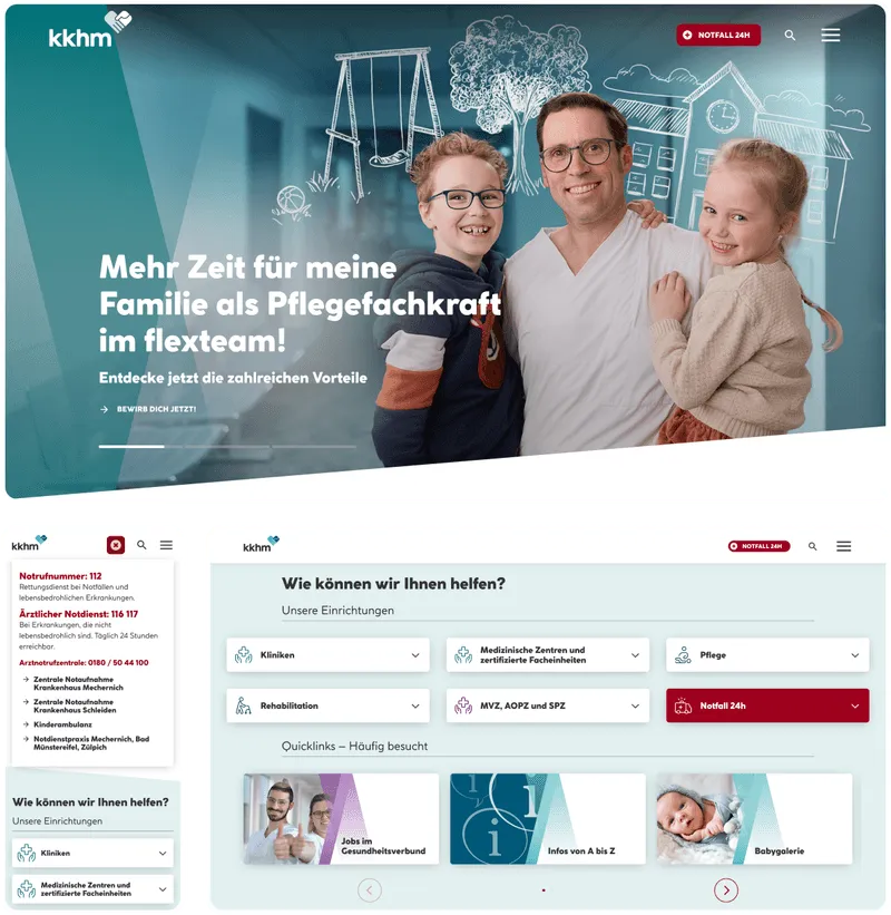 Collage der Webseite des Gesundheitsverbunds Mechernich in verschiedenen Bildschirmansichten, einschließlich Desktop und Mobilversion.