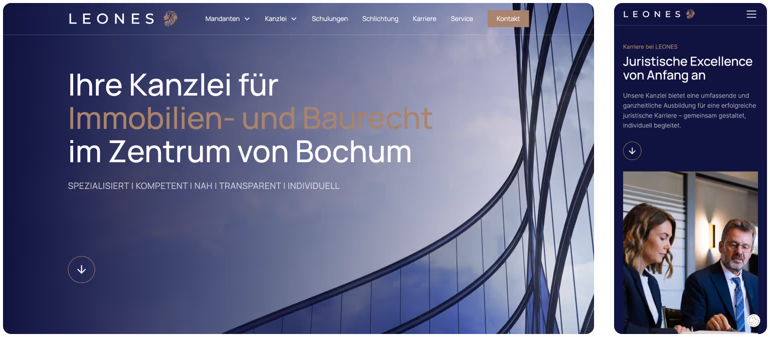 Collage der Webseite von LEONES Rechtsanwälte in verschiedenen Bildschirmansichten, einschließlich Desktop und Mobilversion.