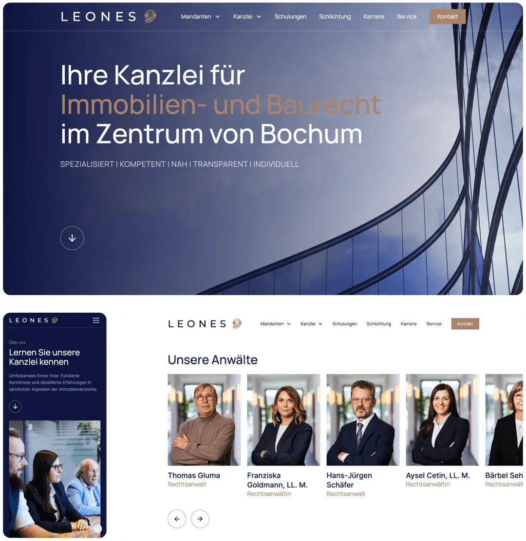 Collage der Webseite von LEONES Rechtsanwälte in verschiedenen Bildschirmansichten, einschließlich Desktop und Mobilversion.