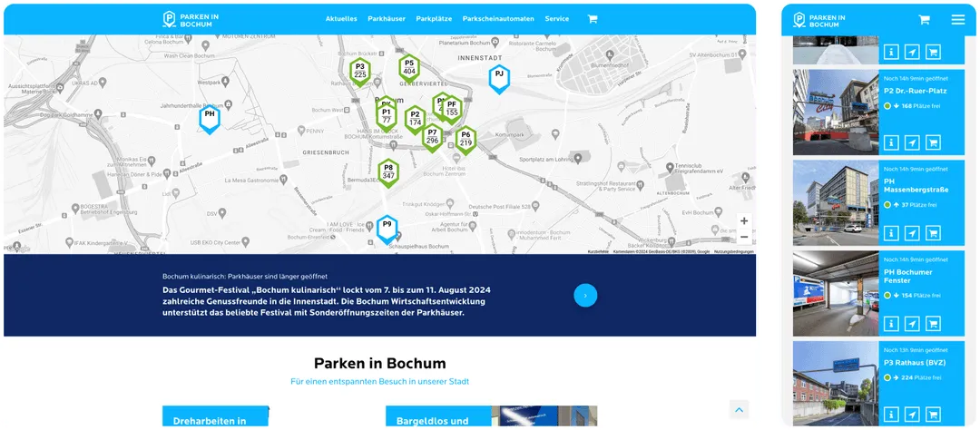 Collage der Webseite von Parken in Bochum in verschiedenen Bildschirmansichten, einschließlich Desktop und Mobilversion.