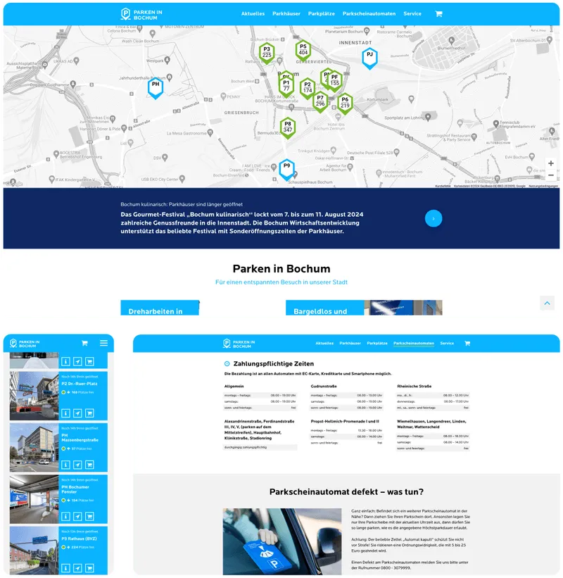 Collage der Webseite von Parken in Bochum in verschiedenen Bildschirmansichten, einschließlich Desktop und Mobilversion.