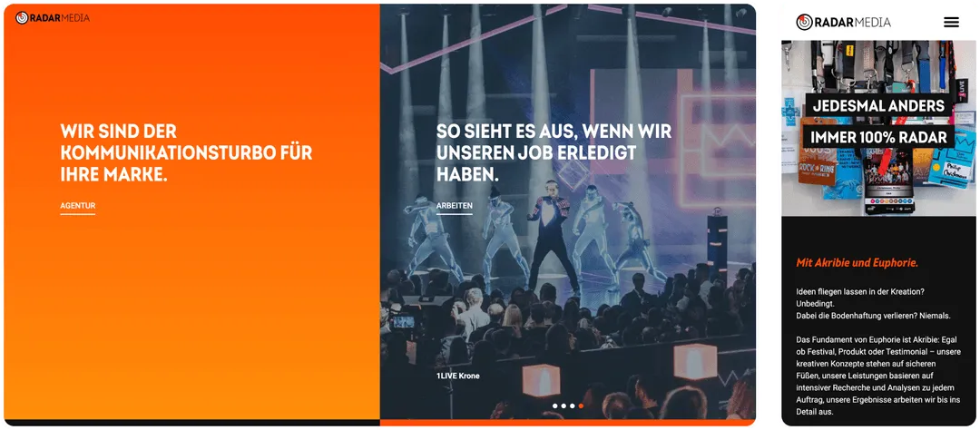 Collage der Webseite von Radar Media GmbH in verschiedenen Bildschirmansichten, einschließlich Desktop und Mobilversion.