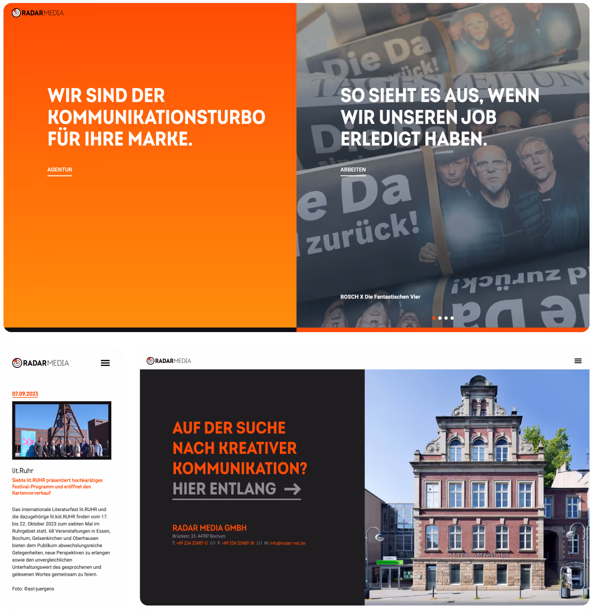 Collage der Webseite von Radar Media GmbH in verschiedenen Bildschirmansichten, einschließlich Desktop und Mobilversion.