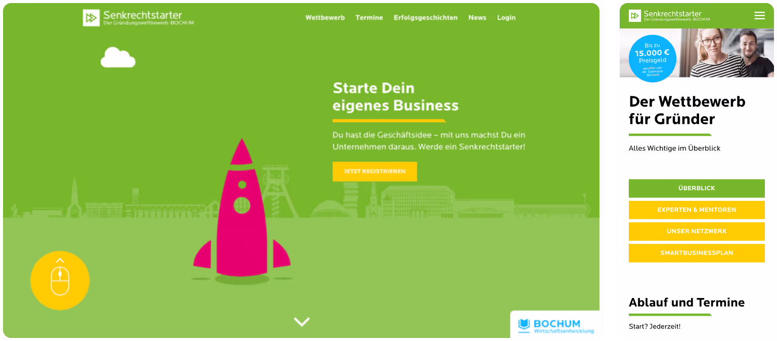 Collage der Webseite von Senkrechtstarter in verschiedenen Bildschirmansichten, einschließlich Desktop und Mobilversion.