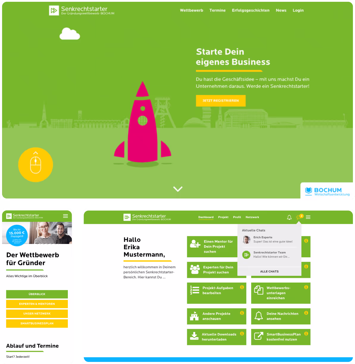 Collage der Webseite von Senkrechtstarter in verschiedenen Bildschirmansichten, einschließlich Desktop und Mobilversion.